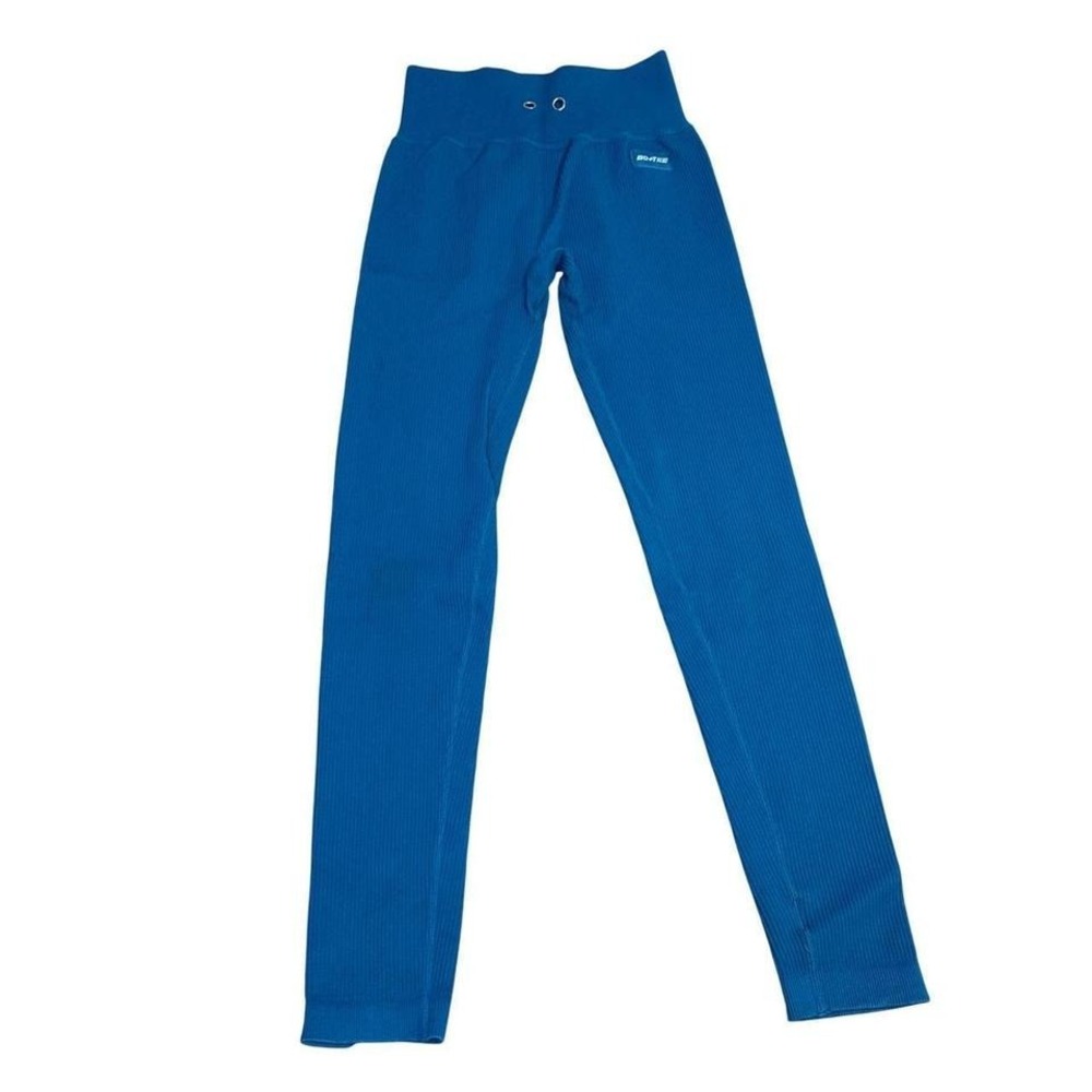 Bo+Tee Ribbed High Waisted Seamless Leggings Teal Blue Womens Activewear